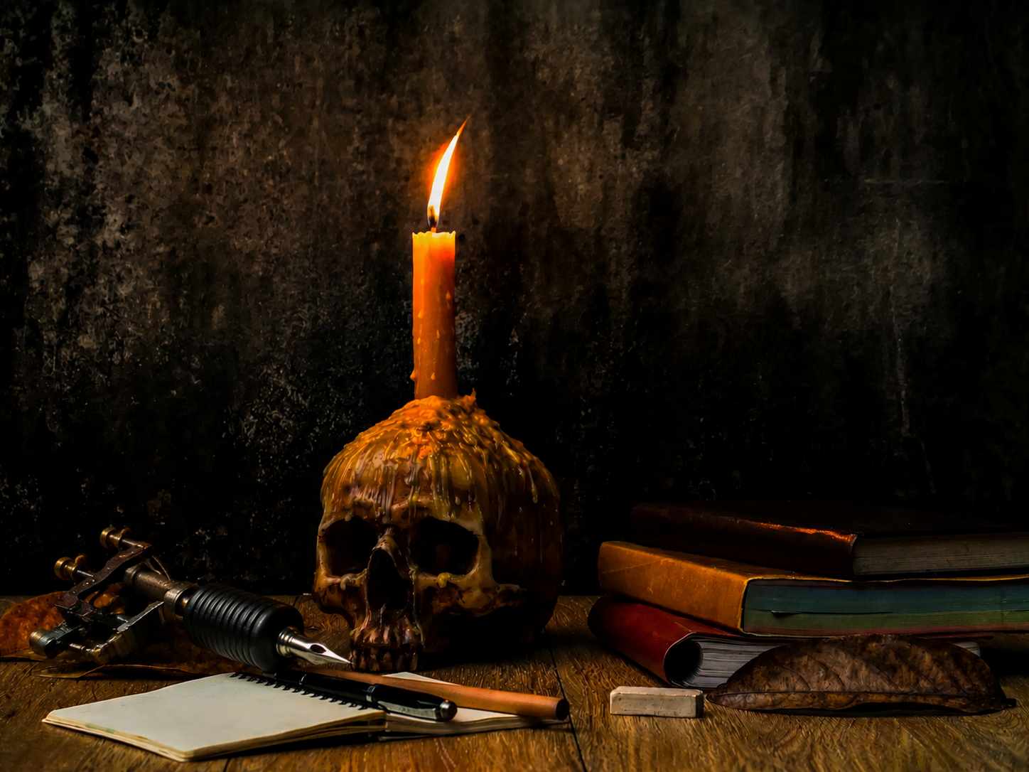 Skull with candles and books — Trinity Ink studio atmosphere